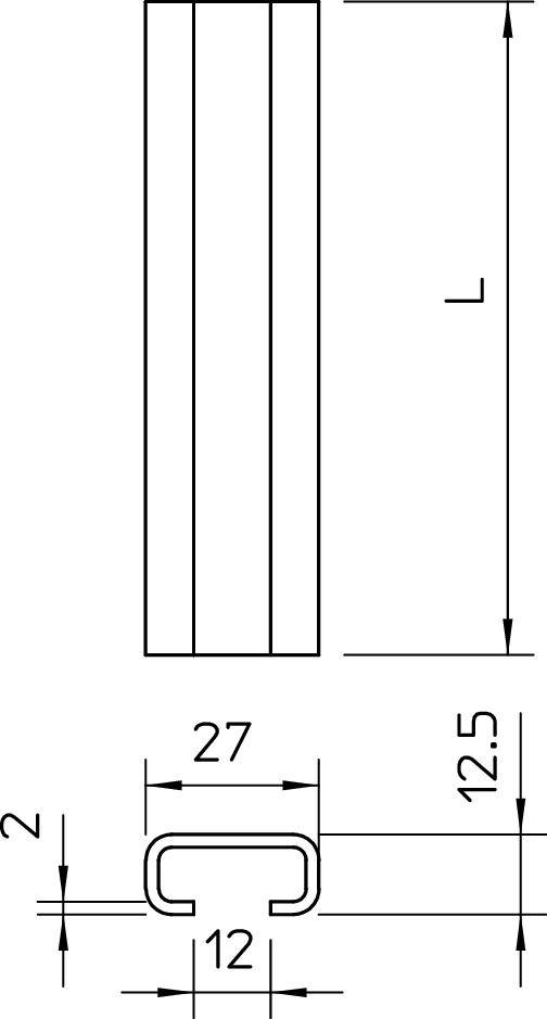 Technical drawing of a U-profile. Top view shows side elevation with length L. Bottom view shows cross-section: width 27, inner width 12, height 12.5, wall thickness 2.