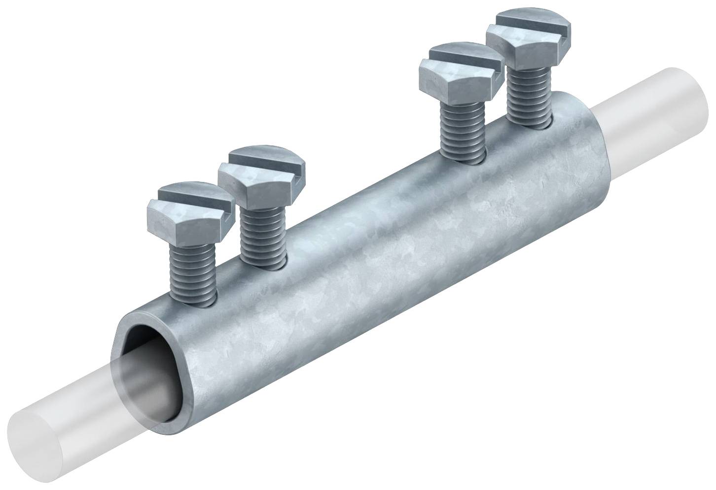 The image shows a metal pipe connection with four screws. Two pipes are joined together by the connection.