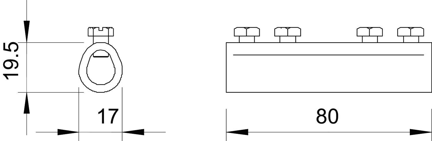 Technical drawing of a cable clamp with dimensions: Height 19.5 mm, Width 17 mm, Length 80 mm. Three screws on top in the side view.