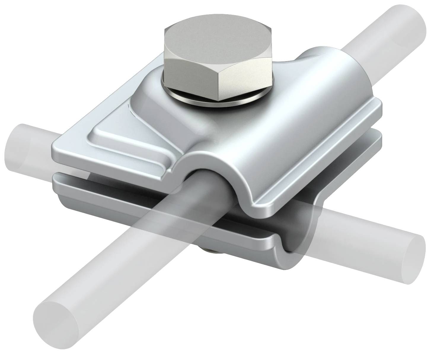 Metallic cable connector with a hexagonal screw crossed with two grey bars.