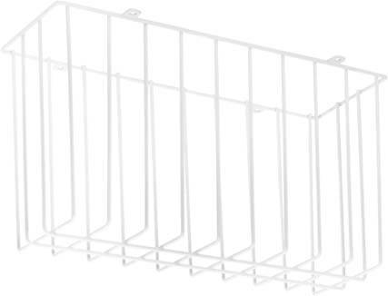 A white metal basket with rectangular lattice bars. The basket is freestanding and has hooks for wall mounting.