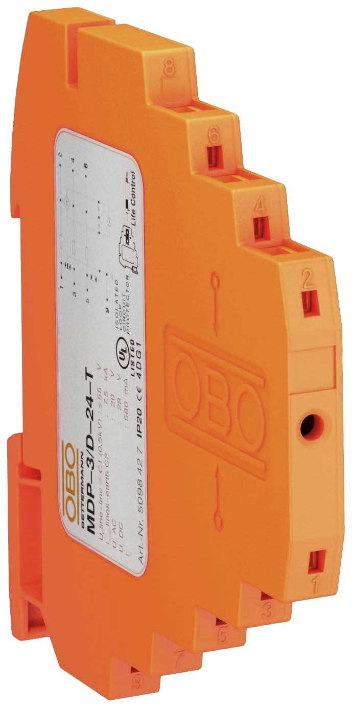 Orange surge protection device with model number 'MDP-3 D-24-T', manufacturer label and technical specifications printed.