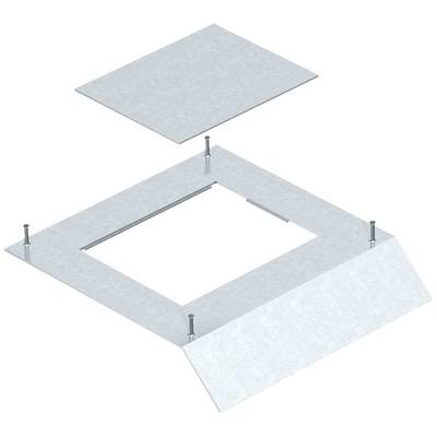 Metallic roof mounting with a square frame and removable cover, secured by four screws, ideal for ventilation installation.