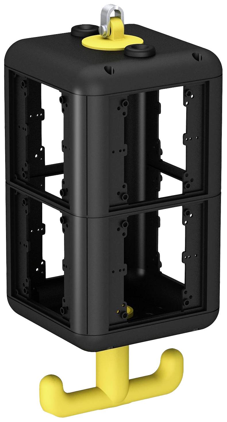 Black, rectangular metal frame with two levels, with a yellow hook at the top and a yellow double hook at the bottom.