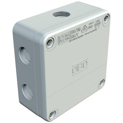 Rectangular grey plastic container with multiple screw connections on the sides. 'OBO' print and technical details in the top left corner.