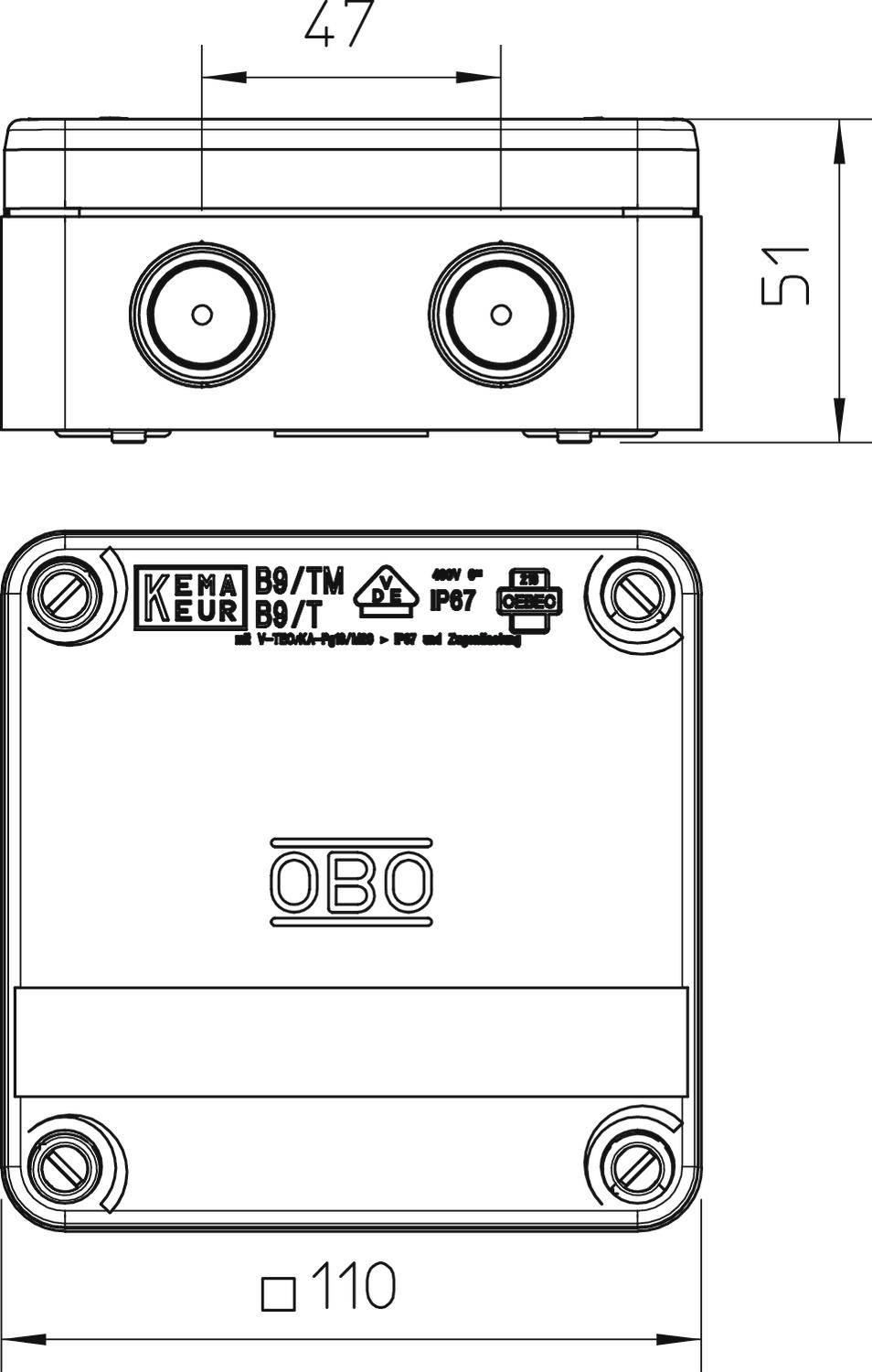 Technical drawing of a rectangular junction box with dimensions 47x51x110 mm. Two round openings at the top, four mounting points at the bottom. Markings: 'KEHA KEUR', 'OBO'. Protection rating IP67.
