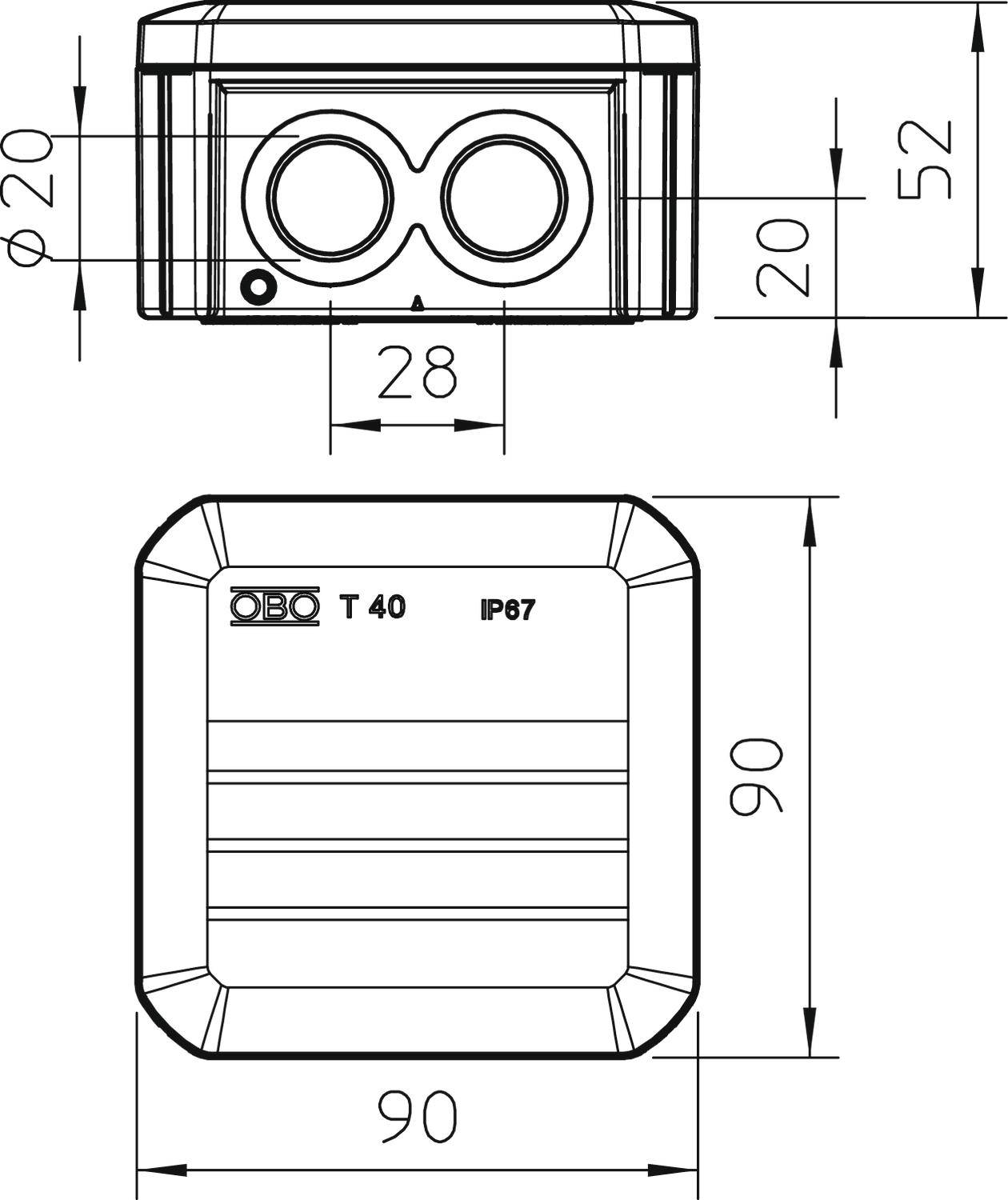 'Technical drawing of a square object with dimensions of 90x90 mm and holes with diameters of 20 mm, IP67-certified.'