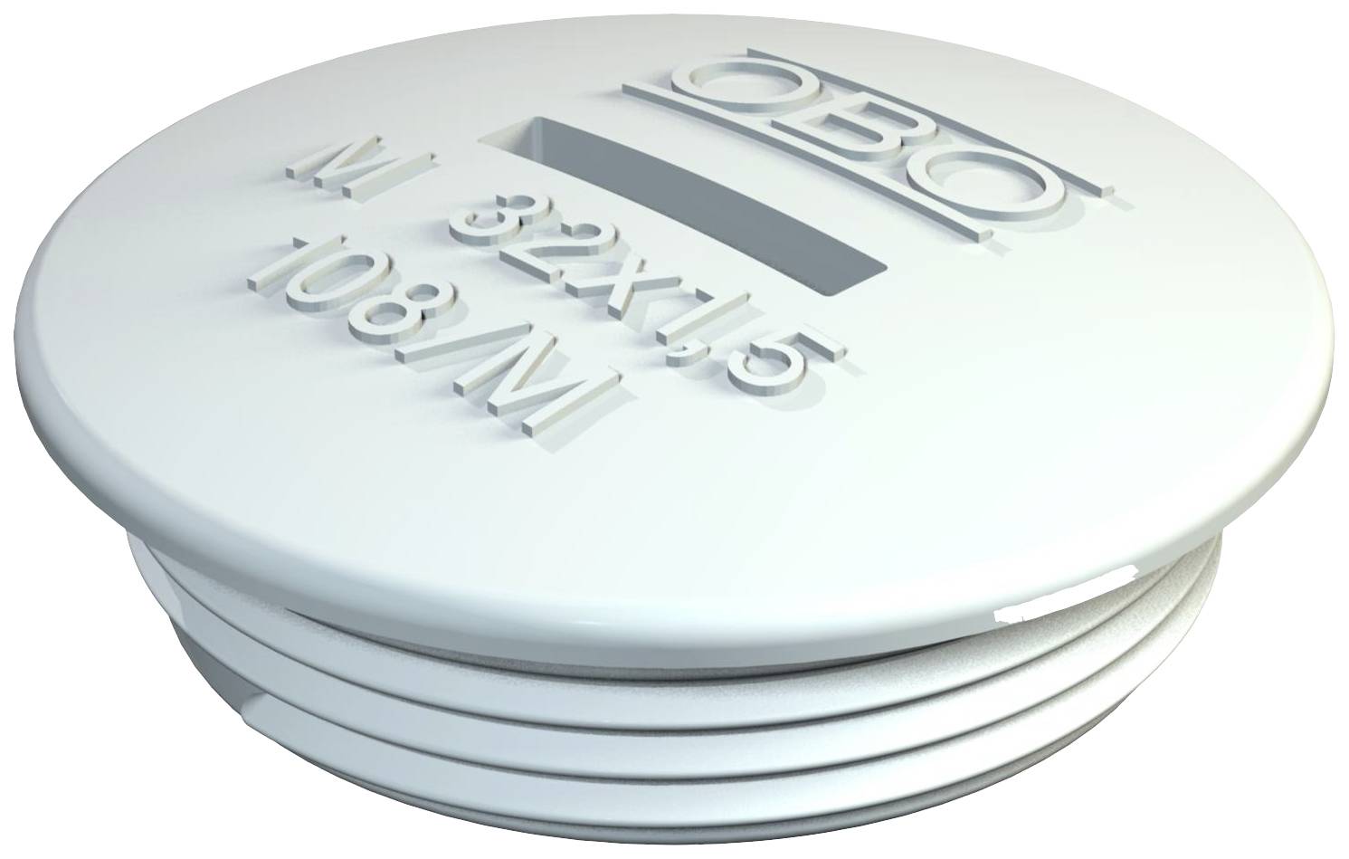 Round white cover with engraving 'OBO' and 'M32X1.5'. Ribbed around the edge, possibly a component or accessory for technical application.