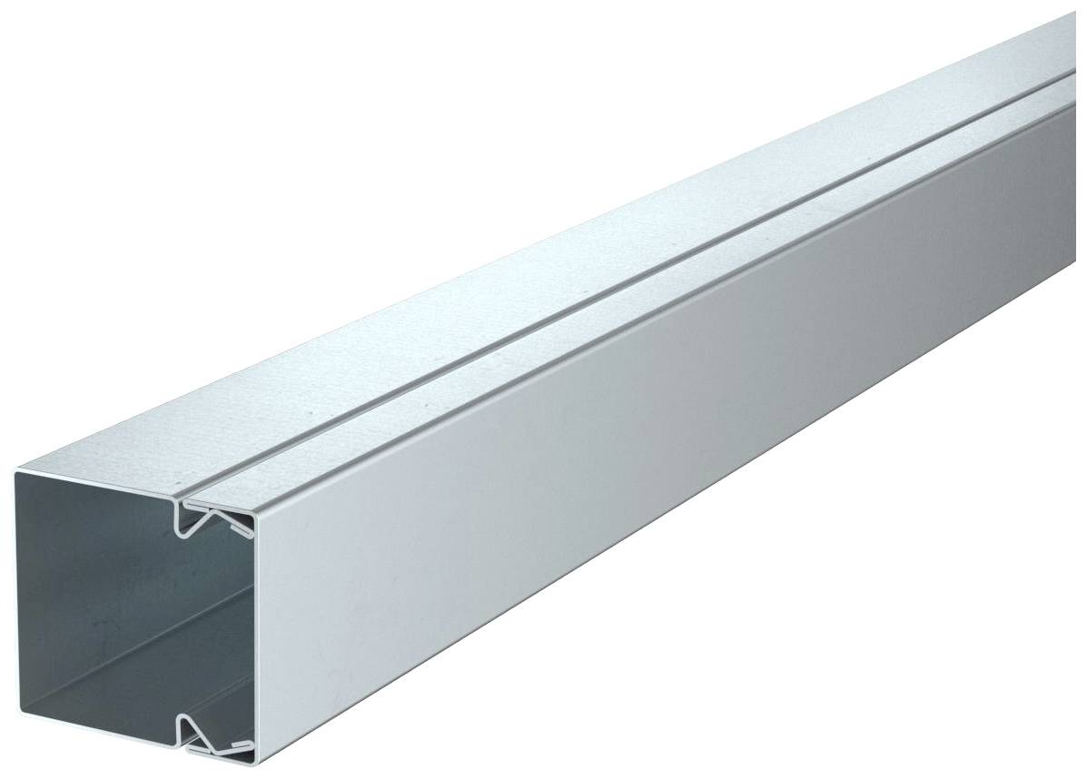 A rectangular, silver metal cable trunking, open at one end, for the orderly routing and protection of cables.