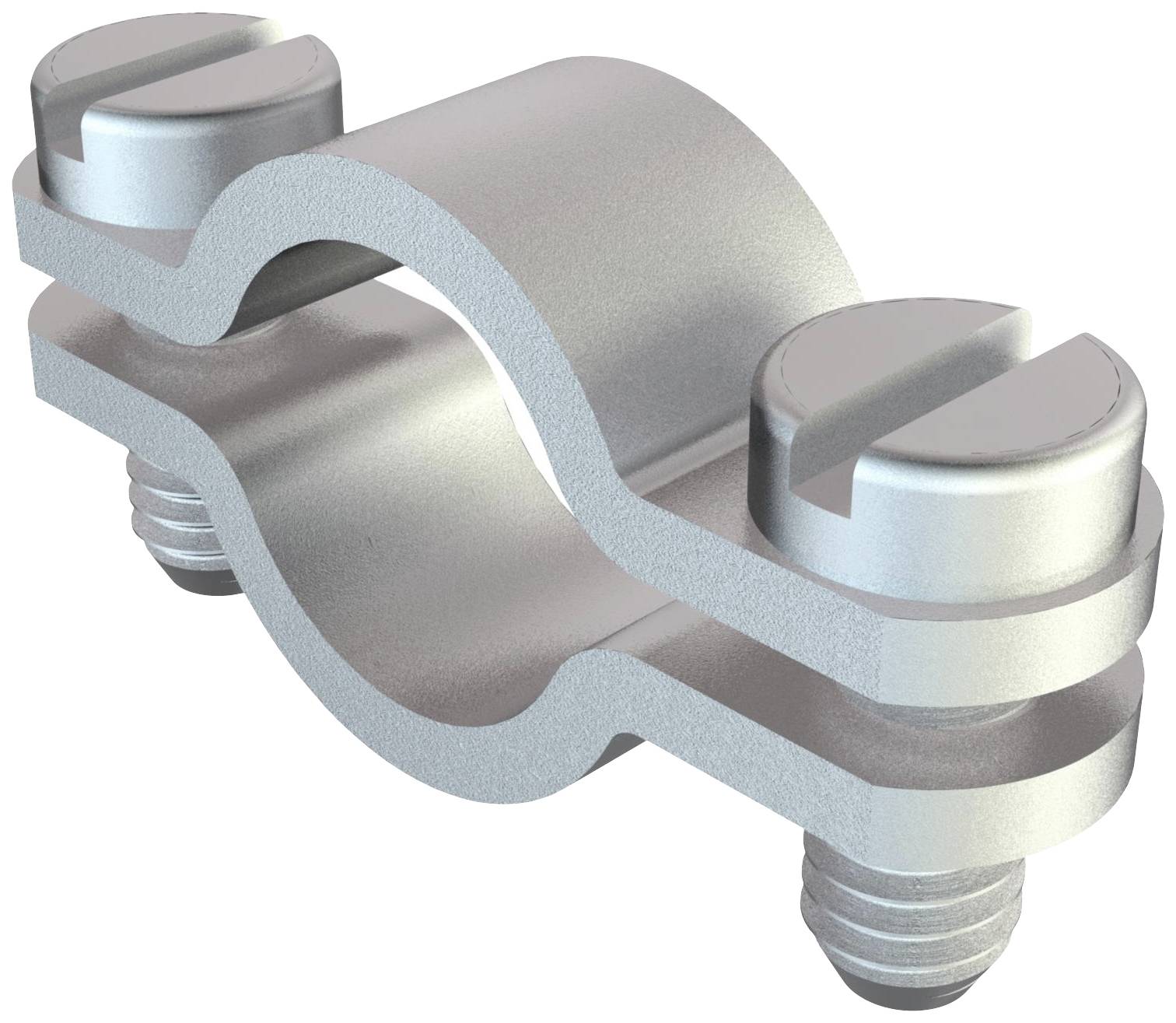 A metallic pipe clip with two screws for securing pipes or conduits.