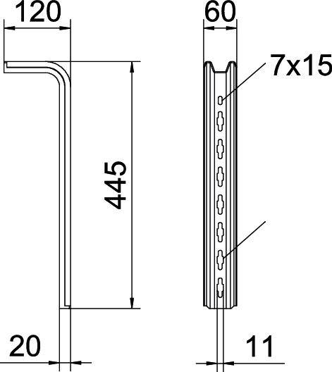 Technical drawing of a metal profile with dimensions: height 445 mm, width 60 mm, and a curved section of 120 mm. Holes are 7x15 mm.