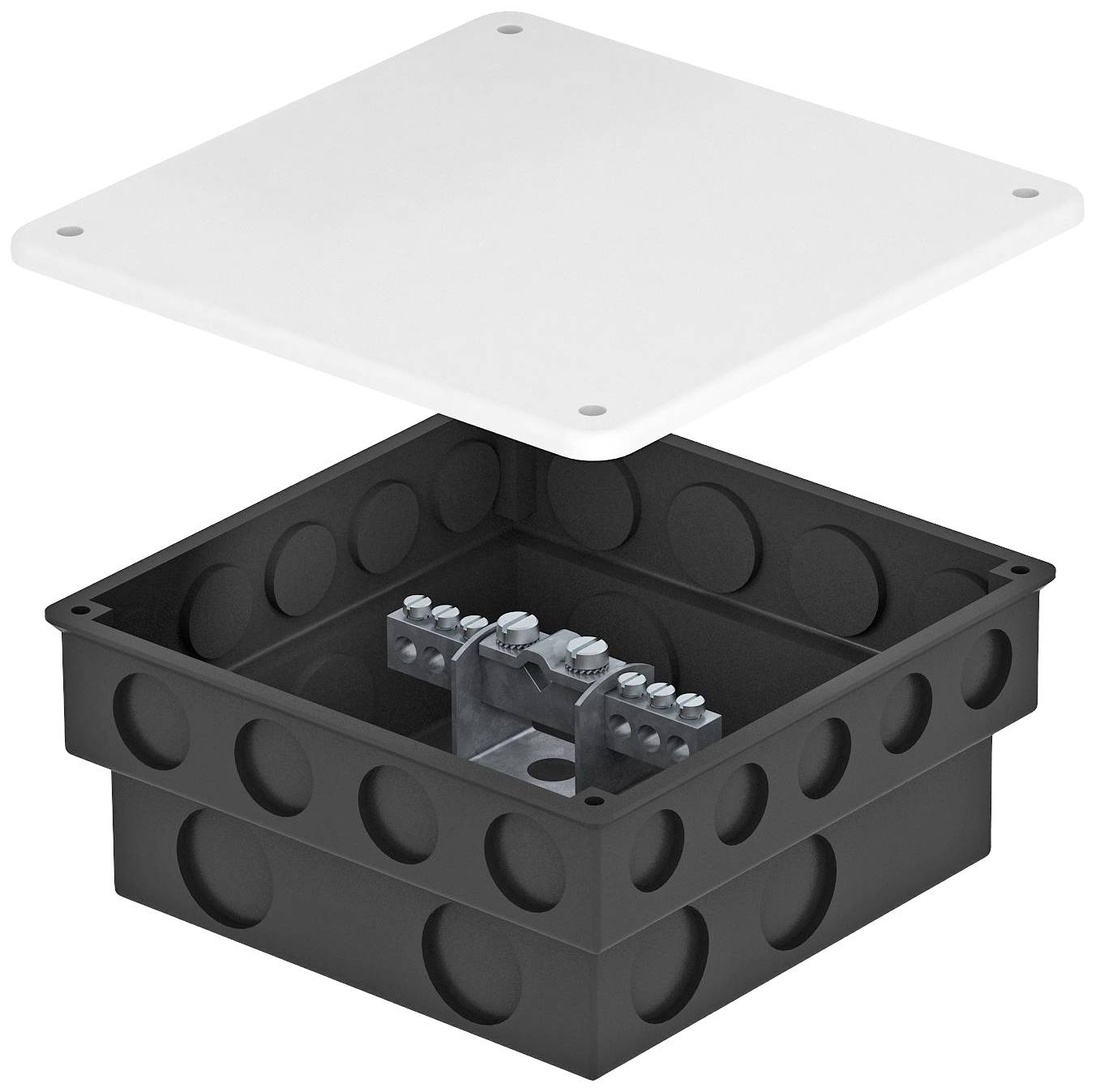 Image of a grey junction box with a white cover removed, metal details visible inside. Used for electrical wiring.
