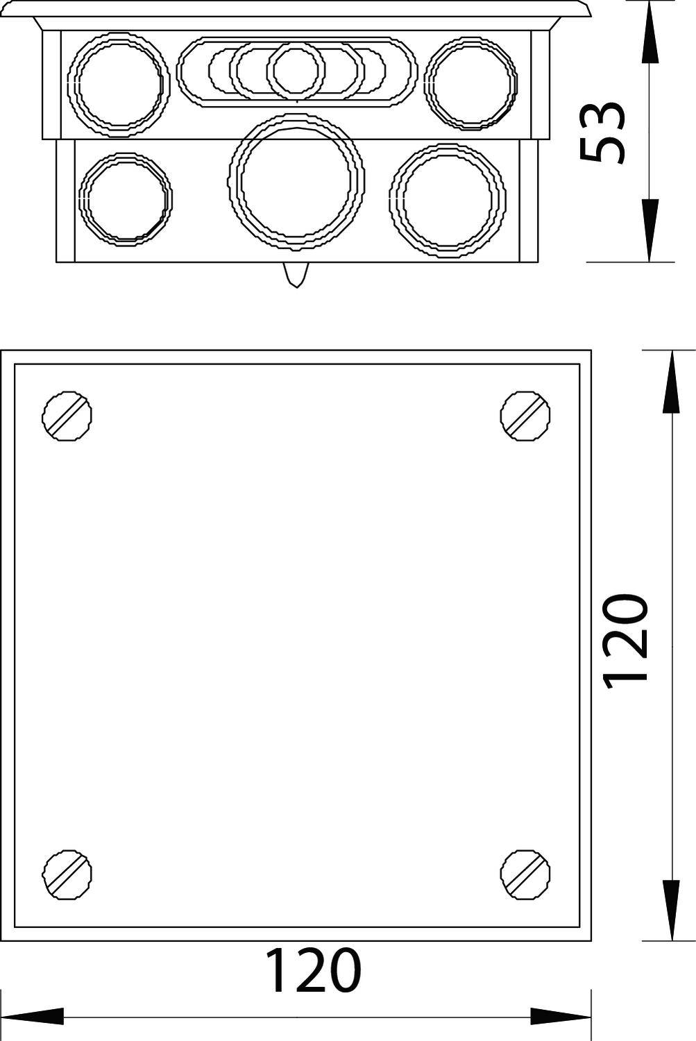Technical drawing of a square component. Top view: with circular elements. Dimensions: 120x120mm, height 53mm.