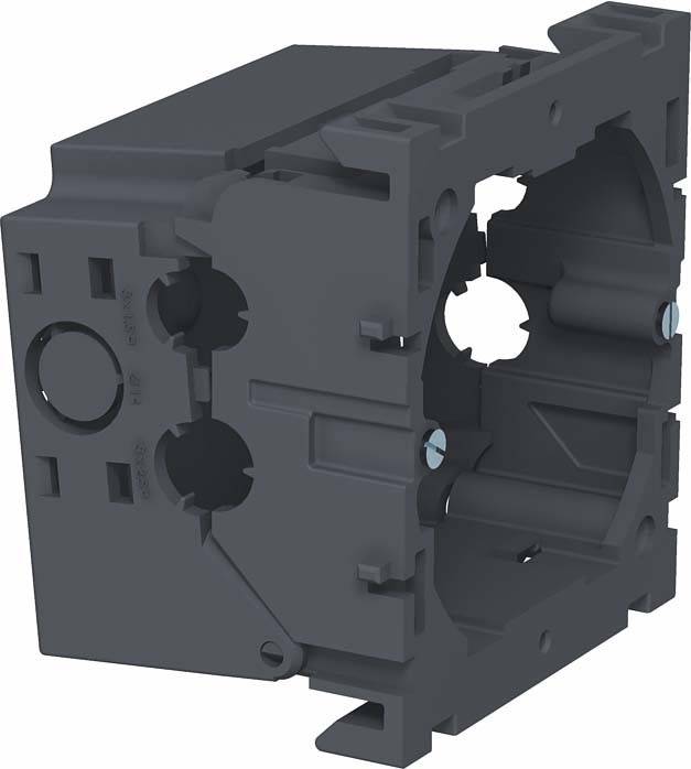 Grey plastic enclosure, rectangular, with round openings and screw holes, likely suitable for electrical or mechanical applications.