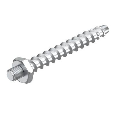 A hexagonal-headed metal construction screw with a spiral thread, used for fastening in solid materials.