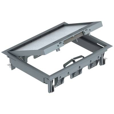 A dark grey, rectangular, fold-out storage box with a carrying handle. It features internal compartments and cable pass-through points.
