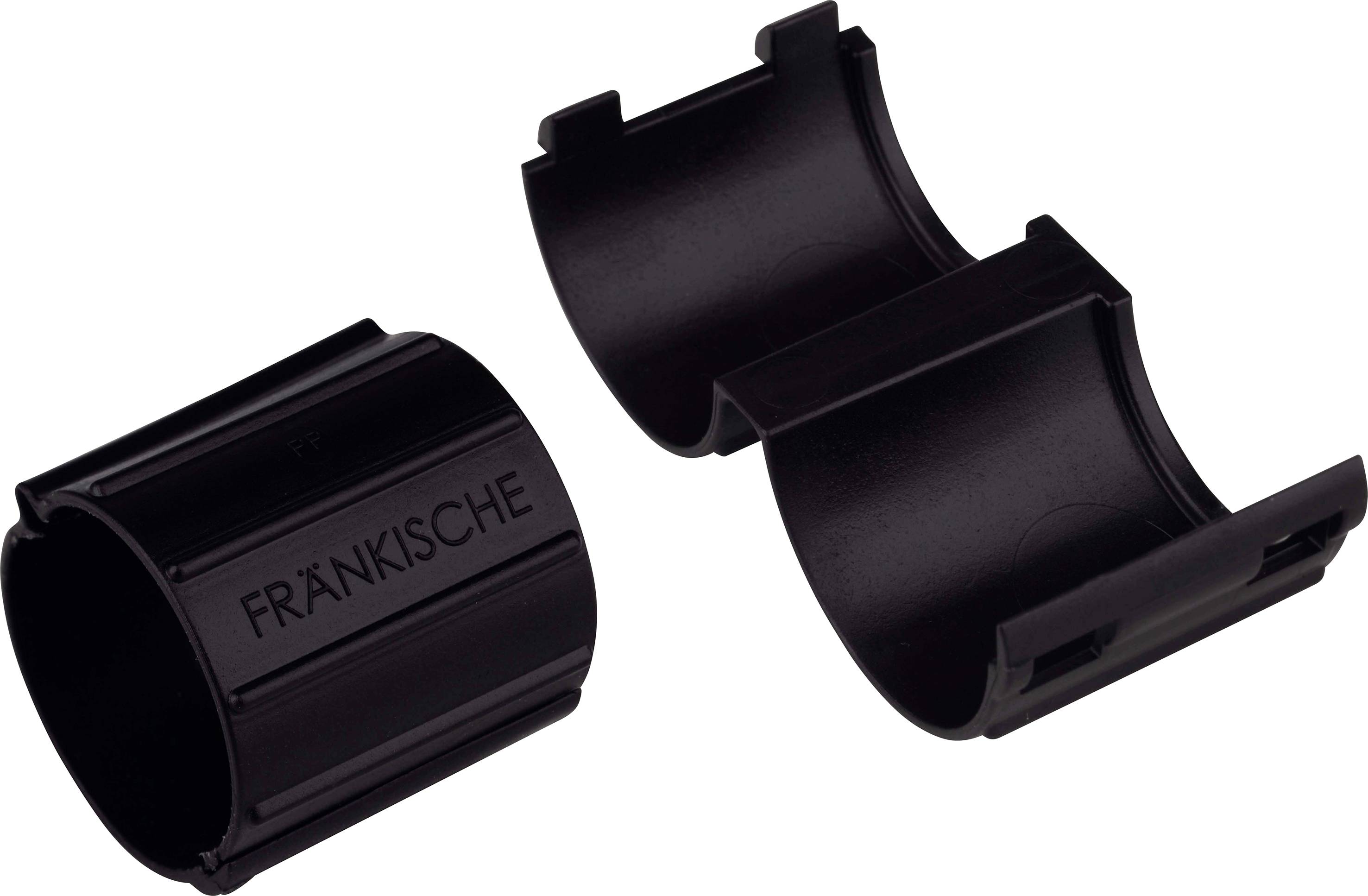 Two black plastic clip halves from FRÄNKISCHE, which when joined together are designed to enclose a cable conduit.