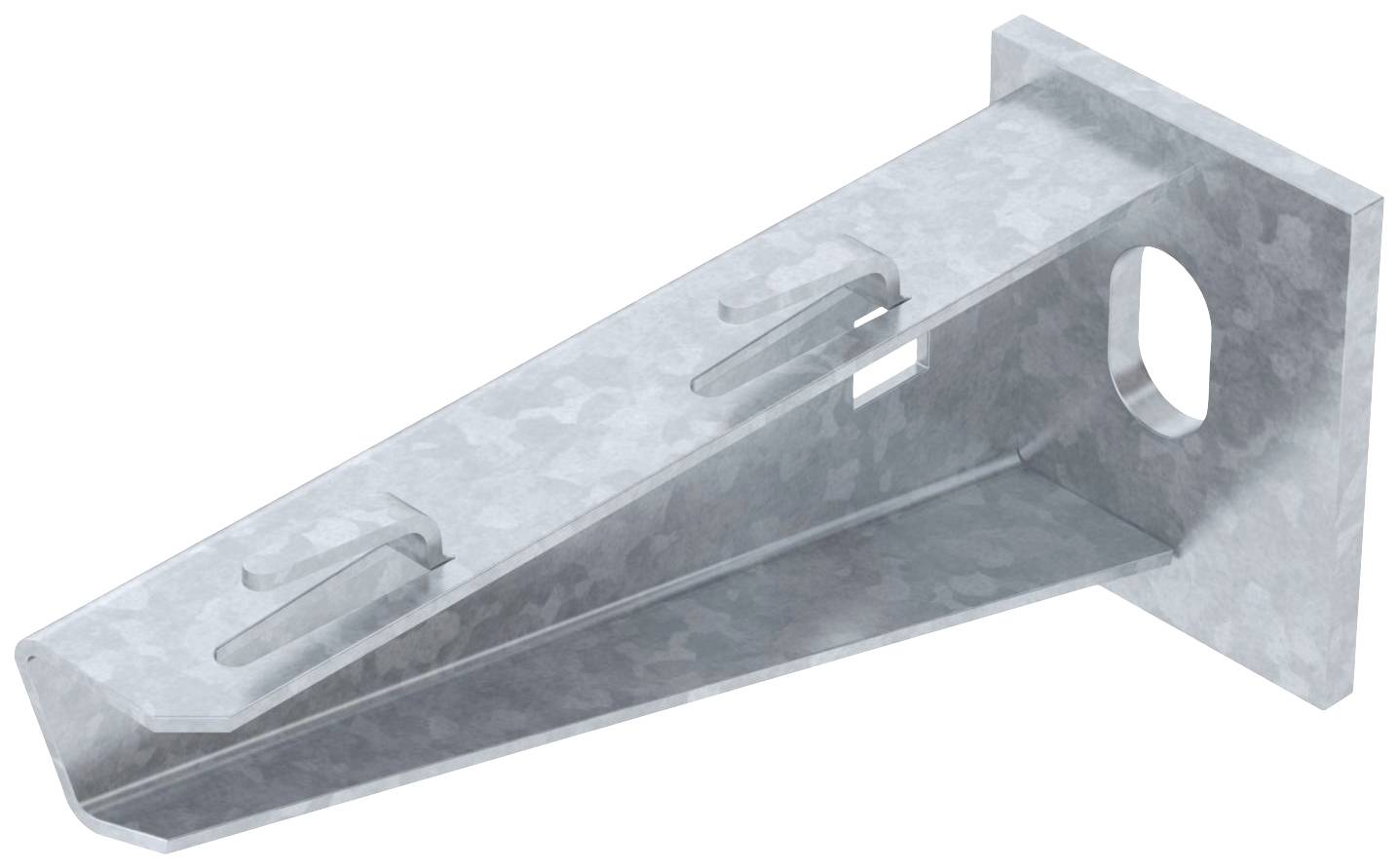 A galvanised metal bracket in a triangular shape with mounting holes.