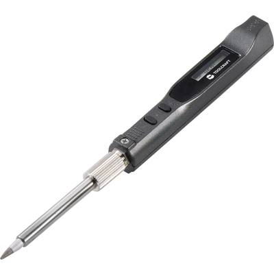 A black soldering iron with a digital display and silver tip.