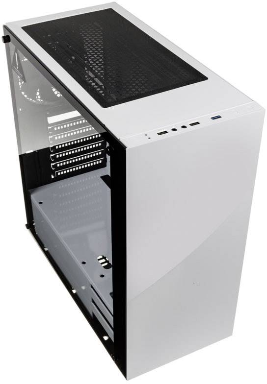 White computer case with a side glass window, multiple USB ports and ventilation grilles on top. Ideal for custom-built PCs.