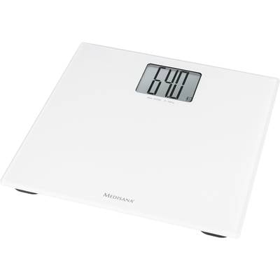 Digital personal weighing scales with a display showing '64.0 kg'. The scales are white, flat, and made by the brand 'Medisana'.