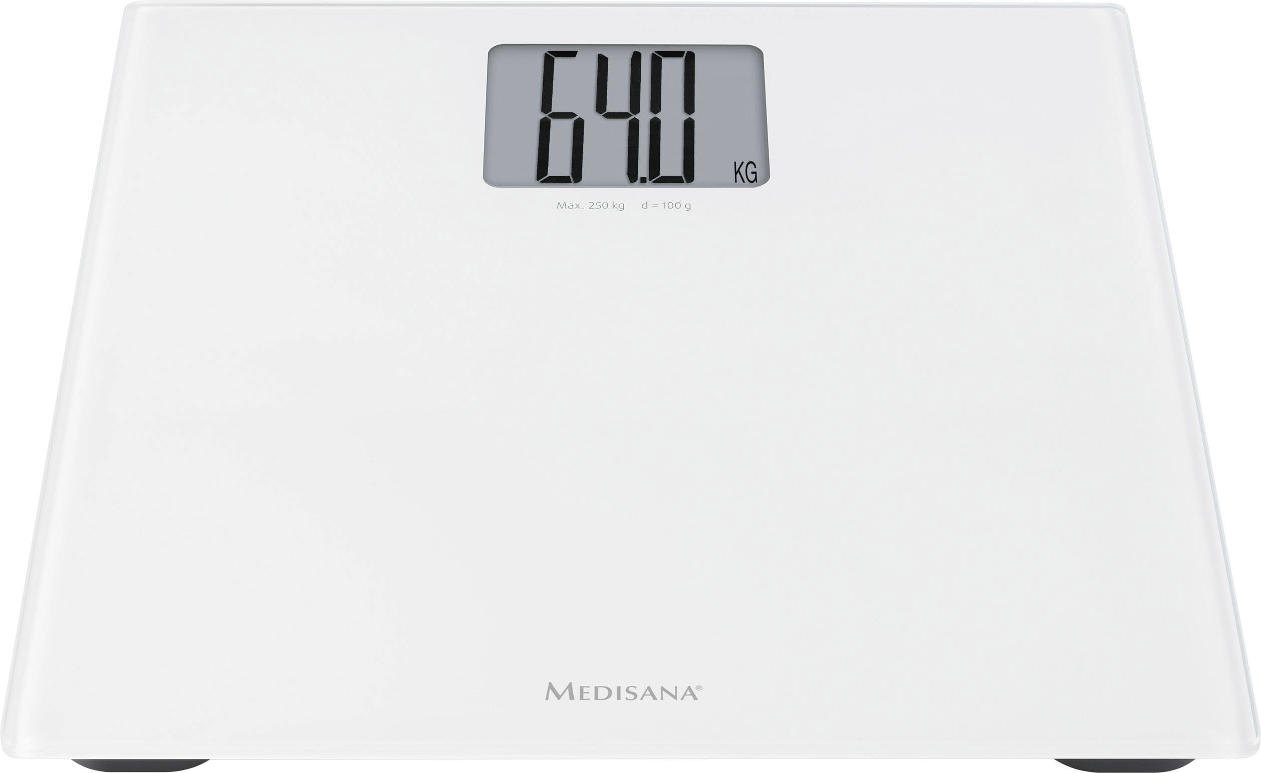 Digital bathroom scales showing '64.0 kg'.