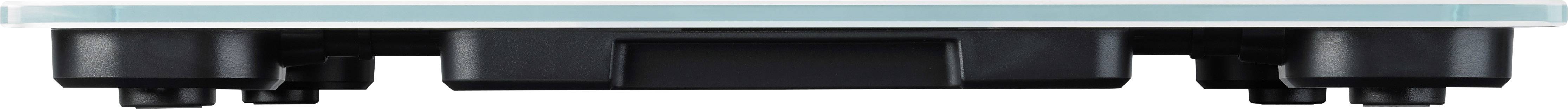 Scales viewed from the side with a digital display at the top; black base and glass surface.