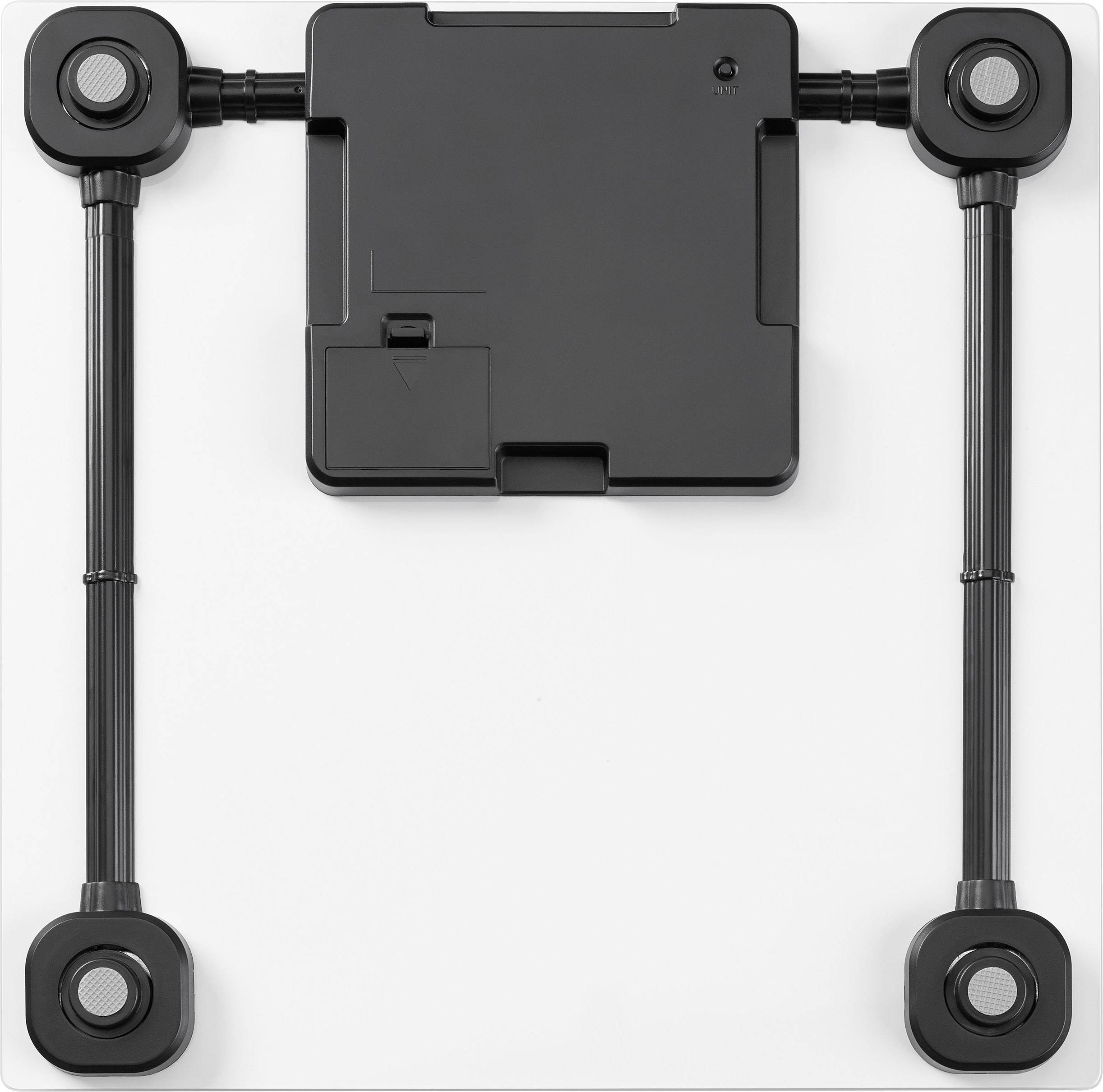 A black electronic device base with four black mounting points at the corners, connected by rods.