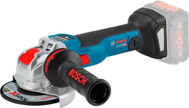 Bosch battery-powered angle grinder with a removable handle, showing the metal cutting head and 18V battery component.