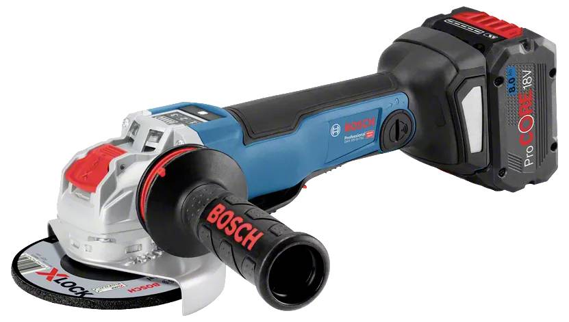 A cordless angle grinder with red and grey design, black handle and battery, designed for grinding and cutting work.