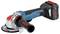 A cordless angle grinder with red and grey design, black handle and battery, designed for grinding and cutting work.
