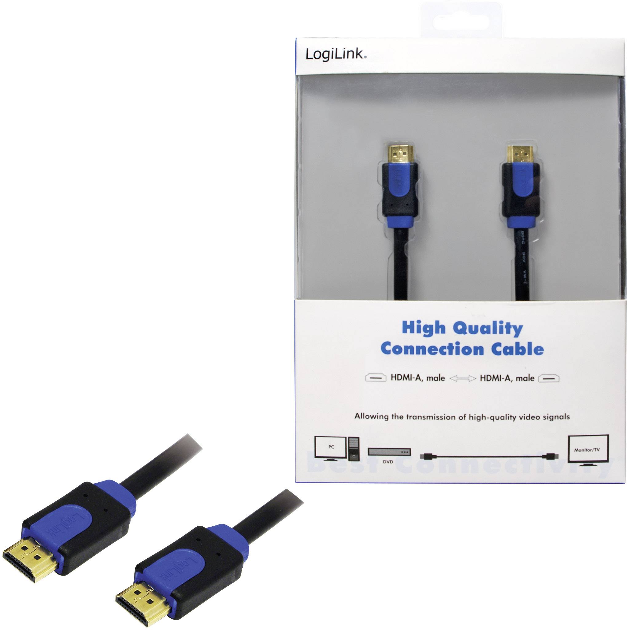 'LogiLink High Quality Connection Cable' packaging with HDMI cable. Printed text: 'Enables transmission of high-resolution video signals.'