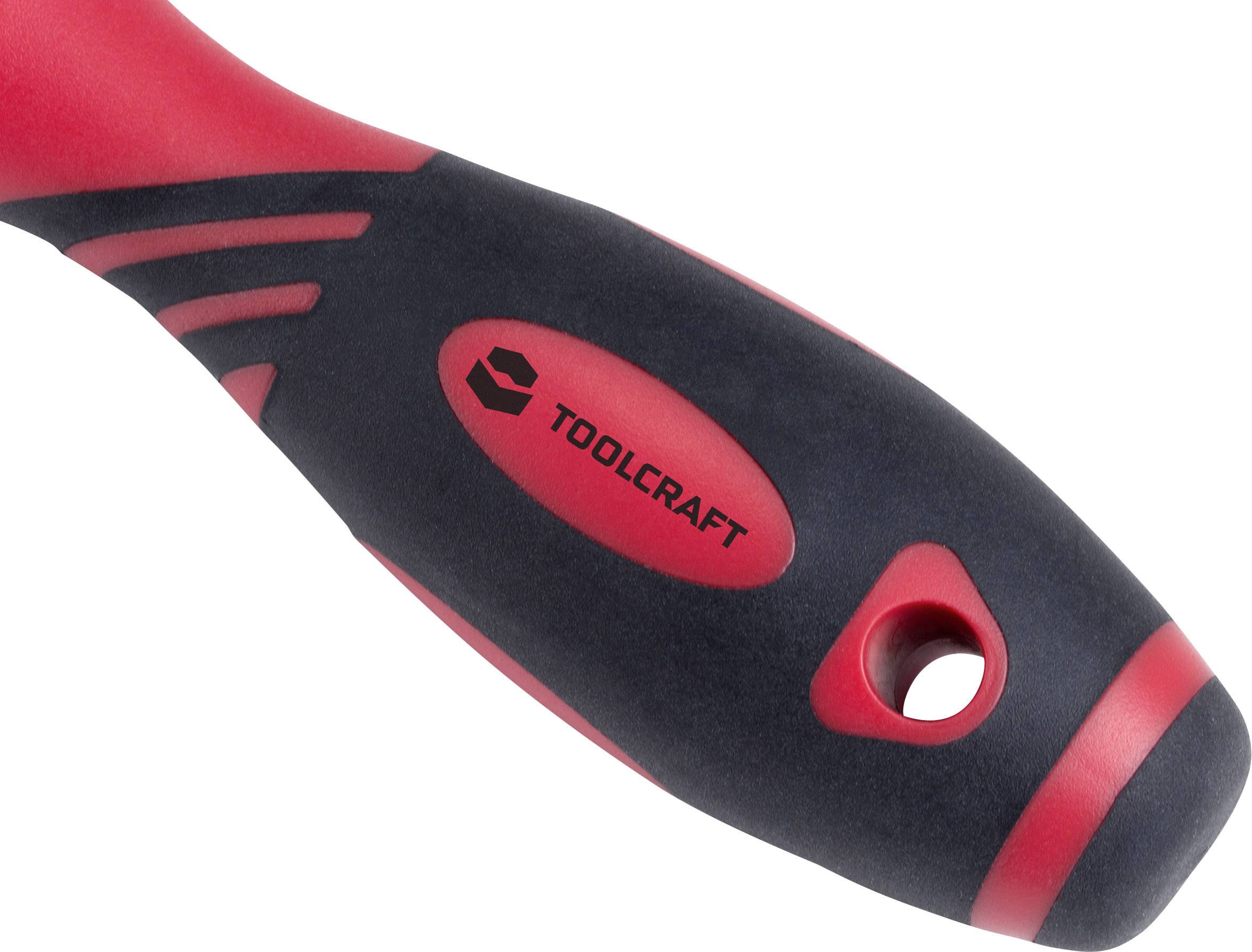 Handle of a tool in black and red with 'TOOLCRAFT' logo; ergonomic design for comfortable grip.