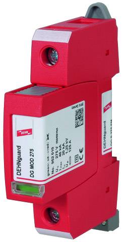 Red surge protection device by DEHN with type and serial number. Suitable for use in electrical distribution cabinets.
