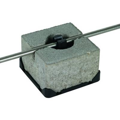Plastic-based concrete block securing a metal rod. Used for stabilisation or securing purposes in construction projects.