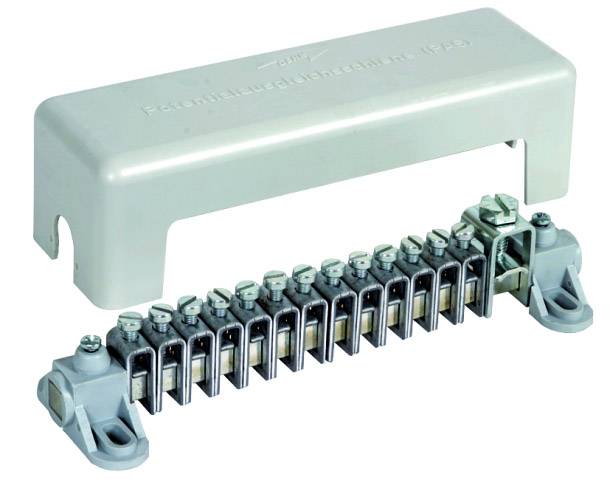 Electrical terminal block in a grey housing with multiple contact points, suitable for connecting electrical cables.