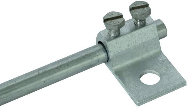 Metal bracket with two screws, to which a metal rod is attached. The bracket has a circular opening for mounting.