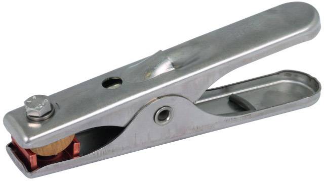 Metallic terminal holder in closed position, used for connecting cables or other conductive components.