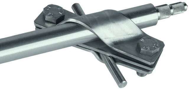 A metal clamping device with two screws holds a pipe securely. The device is suitable for adjusting or fixing components.
