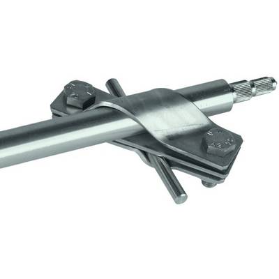 A metal clamping device with two screws holds a pipe securely. The device is suitable for adjusting or fixing components.