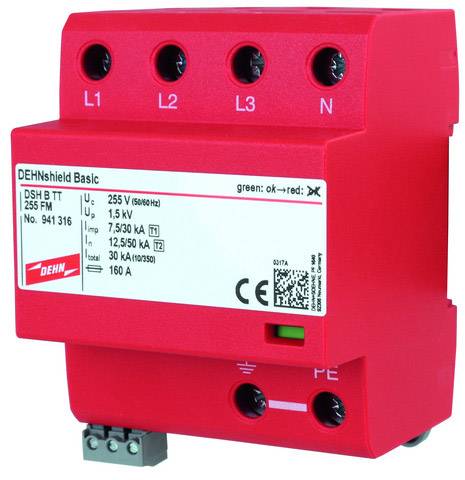 'Red overvoltage protection DEHNshield Basic for three-phase current, Model DSH B T 255 FM with technical specifications on the label.'