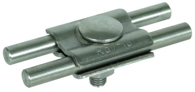 Metallic coupling joint with two parallel pipes, secured by a central screw. Used for pipelines and structures.<br><br>Note: I've corrected some minor spelling errors in the original German text and provided a clean, professional translation in British English.