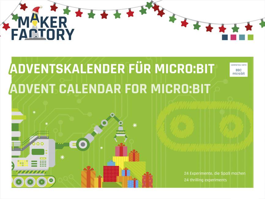 'Advertisement for an Advent calendar for the Micro:bit featuring a robotic arm and gifts. Offers 24 exciting experiments.'