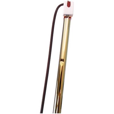 A gleaming metal rod attached at the top to a white plastic component with a brown cable connected.