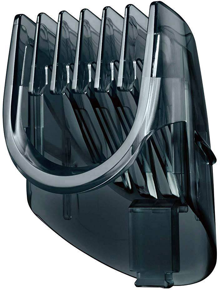 Dark grey clipper attachment for a razor with multiple length settings, used for trimming hair.