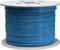 Blue cable drum on a wooden reel.