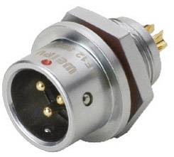 A round, metallic plug with three golden pins, as used in audio devices. The plug has a red indicator light.