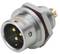 A round, metallic plug with three golden pins, as used in audio devices. The plug has a red indicator light.