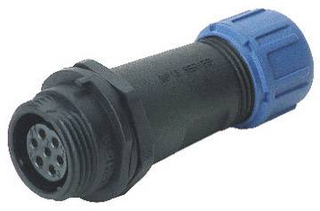 A circular electrical connector with multiple metal contacts, black housing and blue screw lock, commonly used for robust connections.