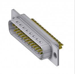 A D-sub plug with multiple golden pins, side screw holes for mounting, typically used for computer connections.